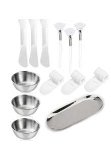 4-24件套美容面膜工具套装，包含不锈钢搅拌碗、托盘、玫瑰金分隔托盘，以及面膜混合和涂抹工具。套装包含3个玫瑰金搅拌碗、1个玫瑰金小托盘、1个分隔托盘、3个硅胶双头搅拌铲、3个扇形面膜刷、9个压缩洁面海绵和3个可调节发圈。适合派对、睡衣派对、SPA、送礼等场合。 - 彩色 - 查看 45