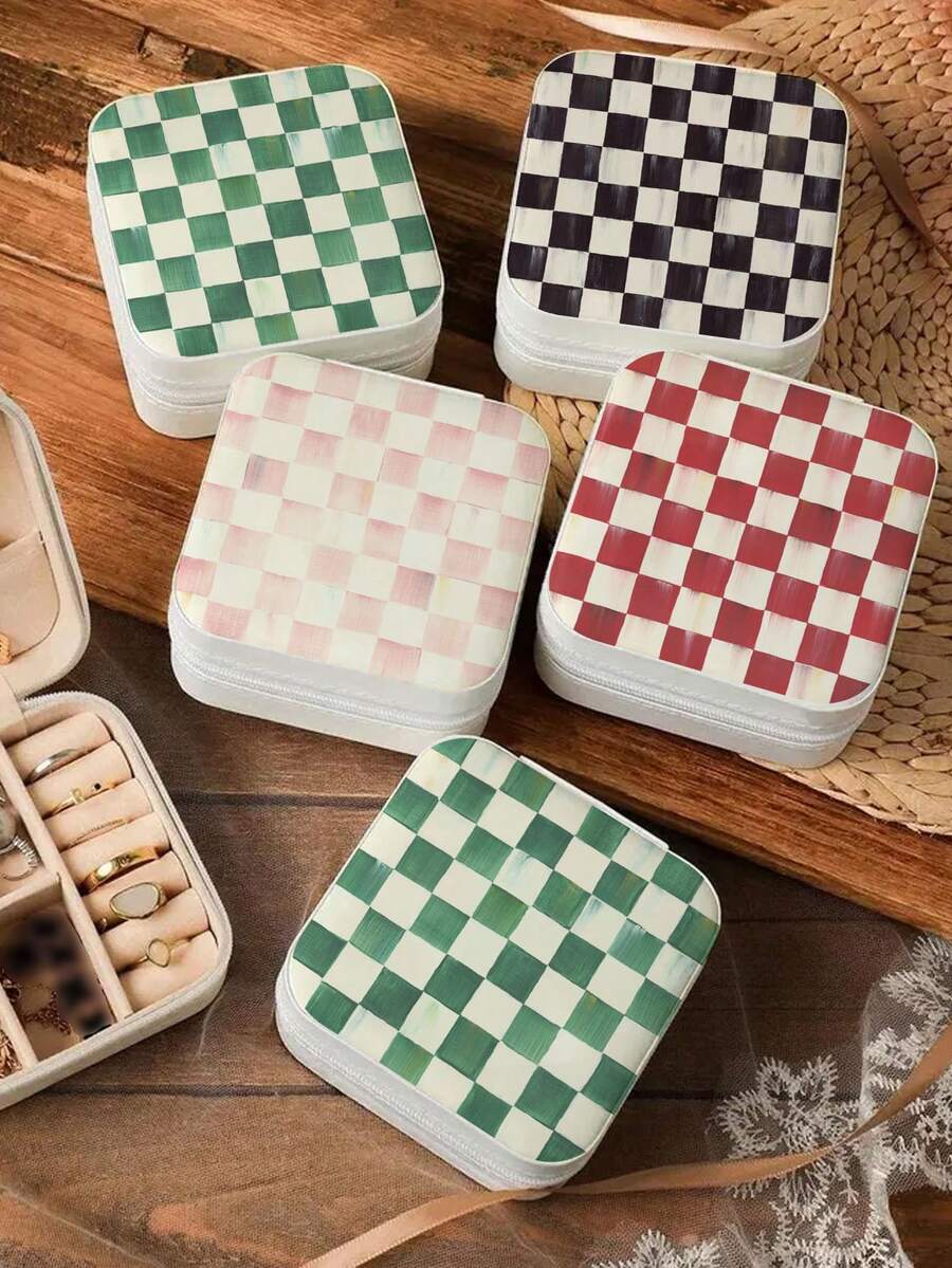 首饰盒,伴娘礼物,手绘复古棋盘格图案首饰盒,首饰盒,耳环戒指收纳盒,字母组合礼盒,首饰盒收纳盒,女士首饰盒,小型首饰盒,耳环首饰盒,项链首饰盒,婚礼回礼 - 棋盤 - 查看 1