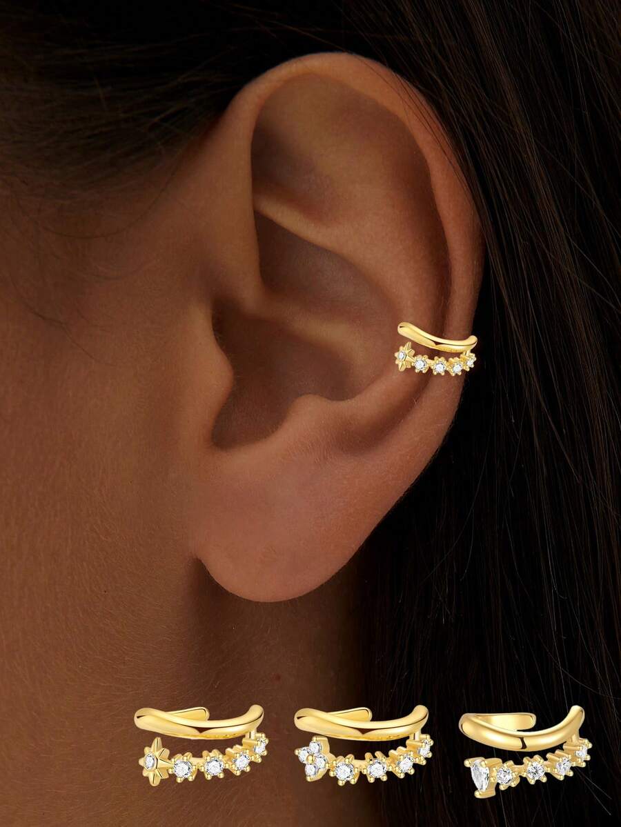 1pc S925 Sterling Silver Lucky Four-Leaf Clover Octagon Zirconia Inlaid Ear Cuff Earring, Suitable For Girls' Daily Wear And Party Occasions, Also An Excellent Gift For Girlfriend, Mother And Sister - Single Ear Clip - View 1