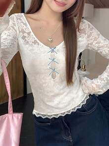 Women's White Lace Bow T-Shirt, Sweet & Sexy Street Style, Long Sleeve Undershirt For Spring/Summer - White - View 2