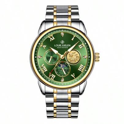 LUYI JUELUN Men's Business Watch - 42mm Luminous Dial With Date & Moon Phase, 30M Waterproof Quartz Stainless Steel Wristwatch