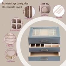 3 Layer Jewelry Organizer Box With Glass Lids & 3 Drawers - Elegant Storage Solution For Necklace, Rings,Earrings, And Bracelets - Perfect For Women ASK-301 (Grey) - Xám - Xem 8