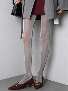 女士时尚亮面连裤袜，适合搭配裙子 - 黑色 - 查看 6