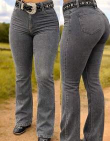 Women's Plain Flare Country Jeans, Premium Line, Butt-Shaping, High Waist, Rodeo, Horseback Riding, Cattle Drive, West - Graphite Gray - Smooth - View 1