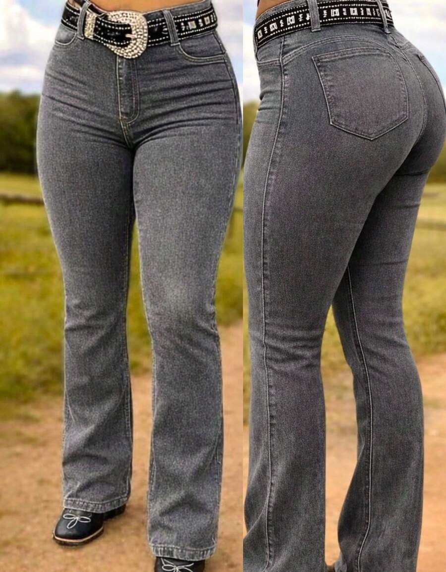 Women's Plain Flare Country Jeans, Premium Line, Butt-Shaping, High Waist, Rodeo, Horseback Riding, Cattle Drive, West - Graphite Gray - Smooth - View 1