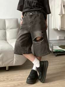 Quần jeans denim ống đứng dáng rộng, rách nhẹ, bạc màu dành cho nữ, thích hợp cho mùa hè. - Xám đậm - Xem 1