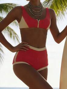 Women's 2 Piece Swimsuits Contrast Color High Waisted Bikini Set Summer Bathing Suits - Red and White - View 4