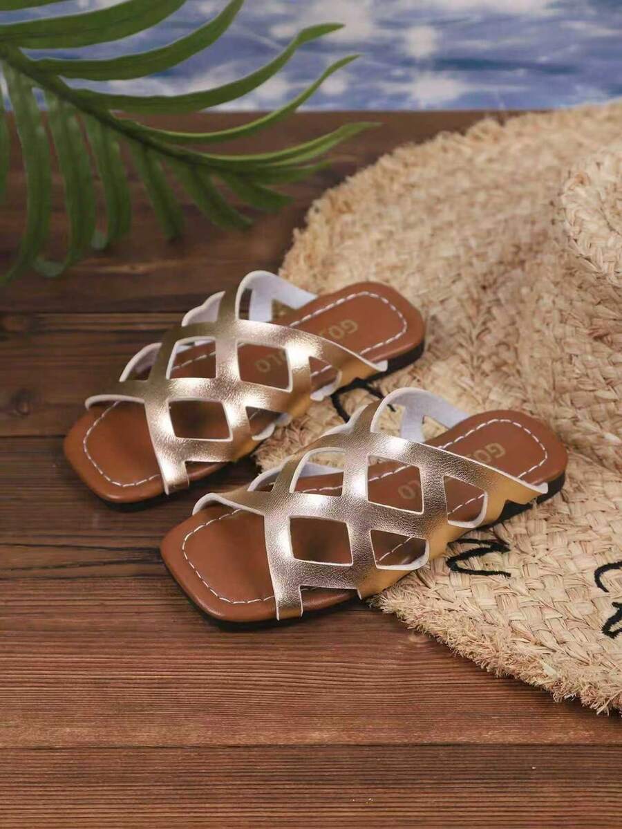 1 par de chanclas planas de playa de diseño de unicolor y calado de moda para niños, de verano - Champán - Ver 1