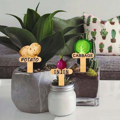 15pcs Wooden Garden Plant Labels, Minimalist Cartoon Plant Pattern, Suitable For Indoor/Outdoor Potted Plants & Garden Decor, Reusable Markers, Essential For Home Gardening Hobbyists, Holiday Gifts, Home Decor