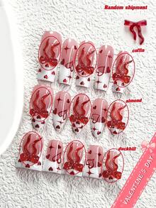 10pcs Romantic Valentine's Day Nail Art Set, French Manicure Stickers, Almond-Shaped Nail Stickers, Square Nails, Duck Mouth Nails, Handpainted Heart False Nails, Ballet Bow Nail Decorations, Red & White Nails, Includes Tool Kit, Suitable For Women & Girls, Daily Photo, Party, Valentine's Day Nail Supplies - Nhiều màu - Xem 5
