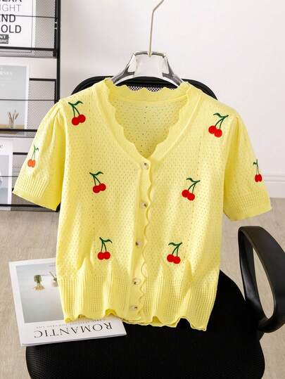 Hollow Out Short Sleeve Knit Cardigan Women Summer Cherry Embroidery V-Neck T-Shirt Petal Sleeve Top Thin Cherry Fruit Patchwork Unbuttoned Front Vacation