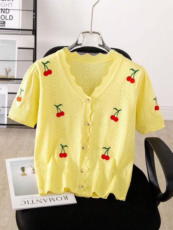 Kurze Ärmel gehäkelte Strickjacke Damen Sommer mit Kirschstickerei V-Ausschnitt T-Shirt Petal Ärmel Top dünne Kirschfrucht Patchwork offene Vorderseite Urlaub