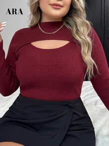 ARA CHIC Women's Plus Size Fall Winter Burgundy Mock Neck Sweater, Heart Cutout Front Long Sleeve Ribbed Knit Top, Slim Fit Curvy Casual Party Top - Burgundy - View 8