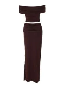 女式露肩短款上衣和褶皱长裙两件套紧身性感派对套装 - 棕色 - 查看 2