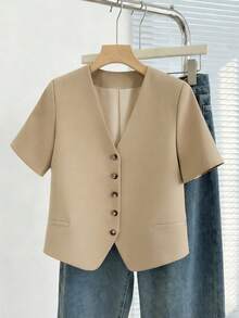 Áo khoác blazer ngắn ôm dáng, nhẹ, cài một hàng khuy dành cho nữ, có lớp lót, thích hợp cho mùa xuân/hè. - Màu Khaki - Xem 3