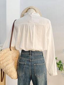 ii Women's White Lace Trim Mandarin Collar Long Sleeve Blouse Spring - White - View 5