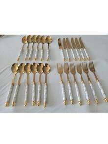 Conjunto de 24 piezas/4 piezas de cubiertos (cuchillo, tenedor, cuchara) de acero inoxidable con estampado de mármol, cubiertos de estilo occidental para filete, cuchara de postre - Dorado - Ver 10