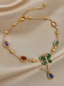 1Pc Luxury Delicate Colored Zirconia Clover Butterfly Anklet For Women, 18K Gold Plated Stainless Steel With, Elegant Mom Gift, For Valentines, Party, Gala, Daily, Dating, Mother's Day, New Years, Wedding, Beach, Christmas Anniversary, Boho Jewelry Birthday Bridesmaid Gift - Multicolor - View 10