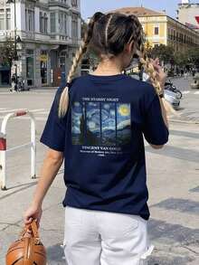 Women's Summer Personalized Letter Printed Pattern Round Neck-Shirt Fashionable And Versatile Women's Half Sleeve Small Shirt With Van Gogh Starry Print. Graphic Tees Women Pink Top White Top Black Top - 藏蓝色 - 查看 5