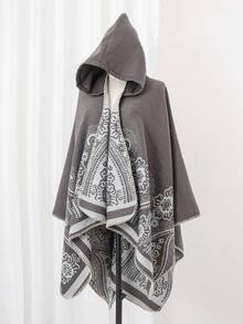 1pc Geometric Jacquard Knit Hooded Shawl, Everyday Wear - Multicolor - View 6