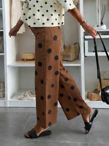 女士复古波点宽松中腰休闲牛仔裤，弹力牛仔裤，时尚百搭街头风 - 棕色 - 查看 3