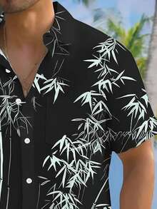 男士輕量寬鬆短袖襯衫，夏威夷竹葉印花 - 黑色 - 查看 4