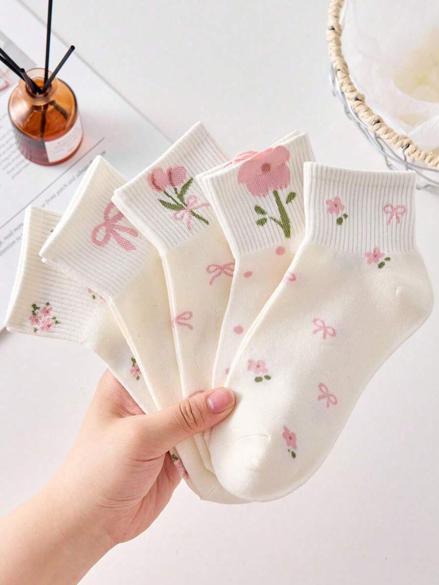 5 Pairs White Bow & Floral Pattern Girls' Ankle Socks, Suitable For Casual Daily Wear, All Seasons (Spring, Summer, Autumn, Winter) - Multicolor - View 1