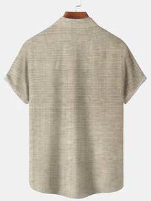 Vintage Striped Bowling Textured Print Men's Lightweight Loose Button-Down Short Sleeve Shirt - Khaki - View 2