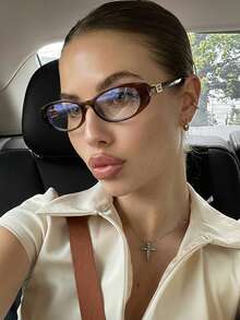 1 Pair Women's Oval PC Frame Retro Personalized Fashion Transparent Lens Glasses - Through Tea - View 1