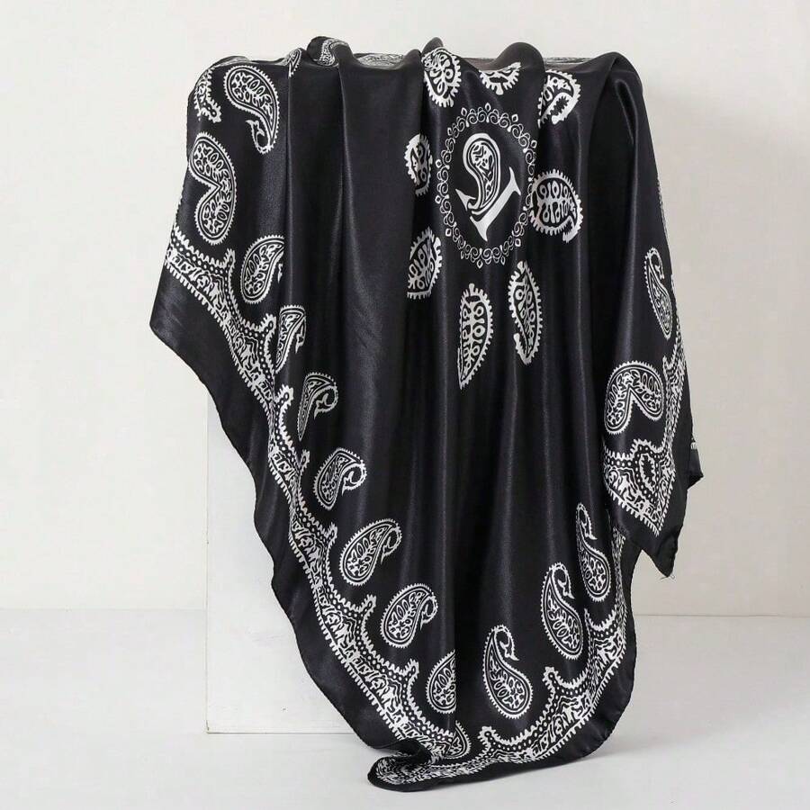 90Cm Color Dingcloth Printing Square Scarf European And American Classic Flower Satin Simulation Silk Scarf Women's Shawl Headscarf Scarf - 黑色 - 查看 1