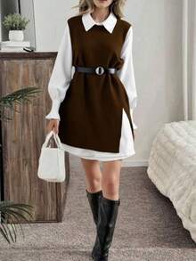 2-Piece Set: Spring Lantern Sleeve Vest And Loose Knit Vest With Front Opening - Brown - View 1