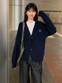 Casual Loose Fit V-Neck Long Sleeve Knitted Cardigan Sweater For Women - Navy Blue - View 2