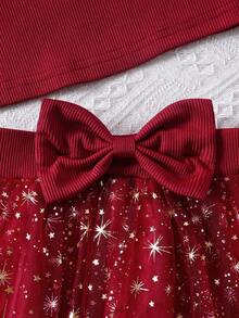 Young Girl Patchwork Flutter Sleeve T-Shirt And Butterfly Sequin Mesh Skirt Set, Spring/Summer - Red - View 7