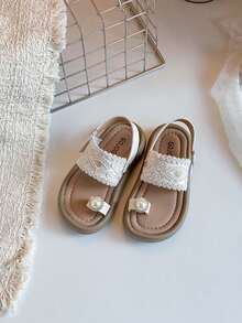 1 Pair Girls' Woven Pearl Thong Sandals, Soft Non-Slip Soles, Sweet Princess Style Children Sandals - Beige - View 5