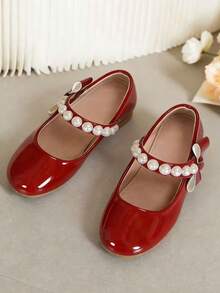 1 Pair Cute Red Mary Jane Flats For Girls, Decorated With Pearls And Bows, Round Toe Design, Suitable For Spring, Summer, Autumn, Winter, Daily Wear, School, Parties And More, Showcasing Charming Style. - Red - View 1