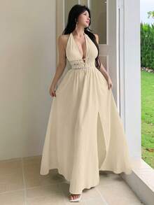 abyoxi 杏色性感深V领露背A字荷叶边下摆休闲长裙，腰部饰有花卉图案，适合度假、海滩、旅行、新年、情人节等场合。 - 杏色 - 查看 4