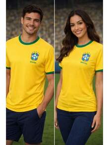 Brazil World Cup T-Shirt With Brazilian Football Print, Unisex, Casual - 黃色 - 查看 2