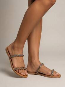 Women's Flat Sandal With Two Sparkling Rhinestone Straps, Casual Chic And Comfortable Everyday Style, Boho. - Nhiều màu - Xem 3