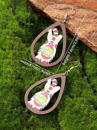 1 Pair Wooden Droplet Shape Cute Easter Day Bunny Chicks Eggs Earring , Easter Day Jewelry Gift For Her