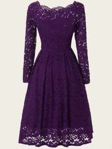 Early Autumn Plus-Size Fashion Elegant Sexy Openwork Bridesmaid Dress, Exquisite Off-The-Shoulder Lace Skirt Maxi Dress With Long Sleeves, Party Evening Gala Formal Gown  Party  Elegant  Casual    Scallop  Embroidery    Wedding  Formal & Evening - Màu tím - Xem 14