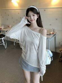 Casual Oblique Shoulder Printed Lightweight Long Sleeve Outerwear T-Shirt, Stylish Top For Women - White - View 3