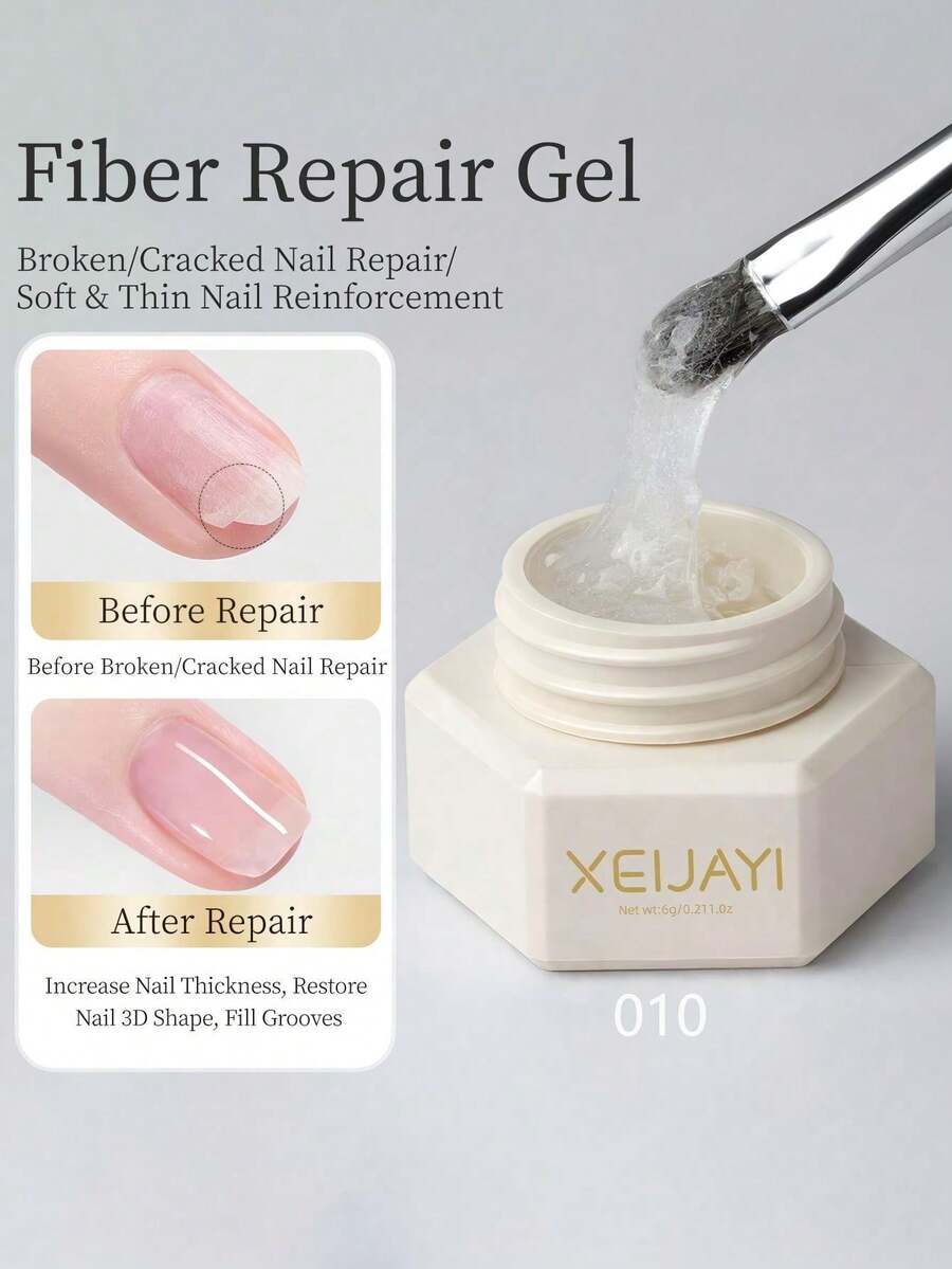 XEIJAYI 1支6克纤维修复凝胶，用于修复断裂指甲，透明指甲修复凝胶，强化凝胶，用于修复薄弱、易断指甲