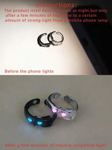 ATLVXJL 2pcs/Set Couple Friendship Family Glow-In-The-Dark Pink Heart Transparent Oil Blue Light Watch Band Style Open Adjustable Silver Black Couple Ring Set, Casual Jewelry Rings Suitable For Daily Wear And Holiday Gift Giving - Multicolor - View 5