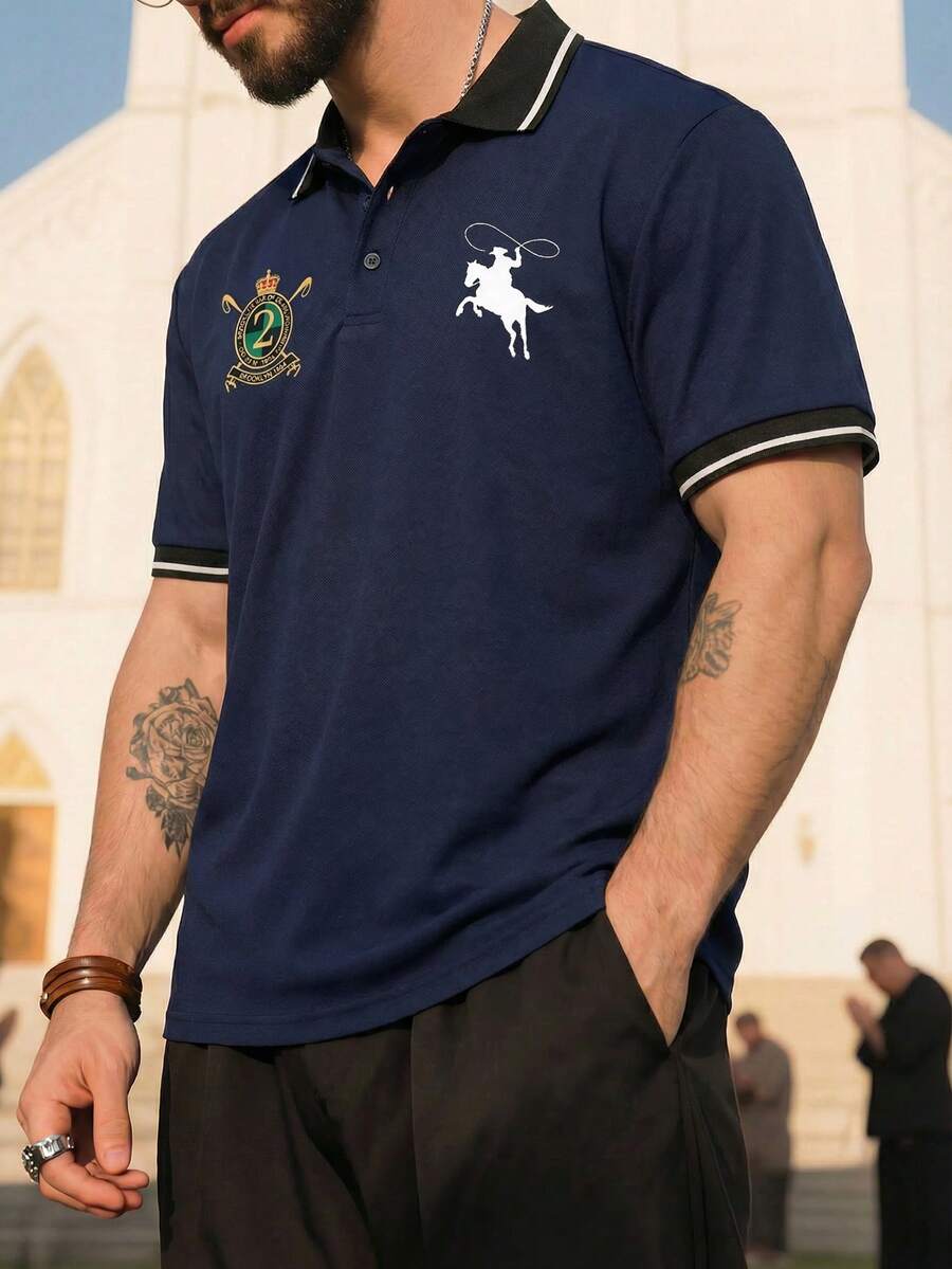 ALTZTAR 男士条纹印花短袖休闲通勤 Polo 衫 - 藏蓝色 - 查看 1