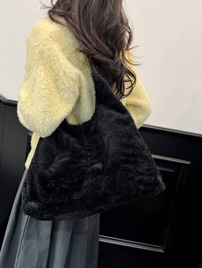 1个复古毛绒腋下包，新款大容量单肩包，大学生背包，时尚毛绒女士手提包，通勤休闲办公手提包，购物袋，短途旅行，约会购物，适合日常使用