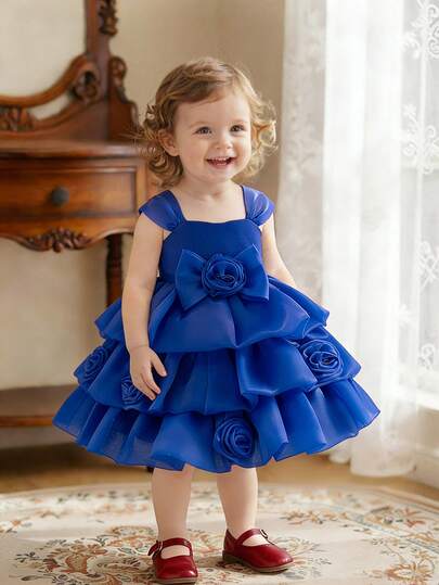 Đầm công chúa tutu dễ thương bằng vải organza hoa 3D với dây đeo dày cho bé gái, thích hợp cho tiệc sinh nhật, họp mặt gia đình, dã ngoại. Không bao gồm băng đô cài tóc.