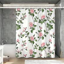 Pink Rose Vine Print Waterproof Mildew-Proof No-Drill Shower Curtain, Cozy & Romantic For Women's Bedroom And Bathroom - Pink and White - View 5