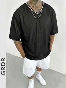GRDR 夏季新款 V 领网眼 T 恤，男士健身日常穿着 - 黑色 - 查看 1