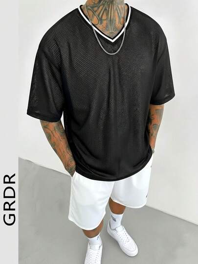  GRDR 夏季新款 V 领网眼 T 恤，男士健身日常穿着