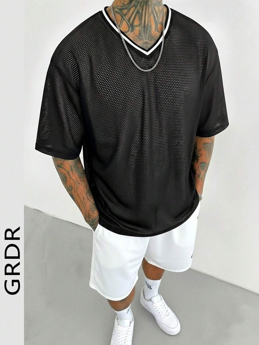 GRDR 夏季新款 V 领网眼 T 恤，男士健身日常穿着 - 黑色 - 查看 1